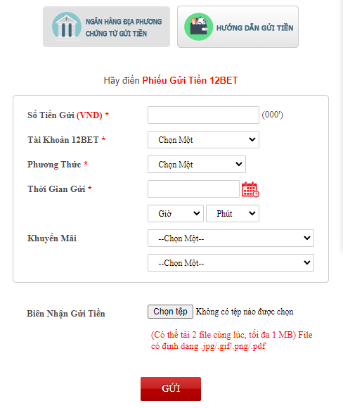 Cách nạp tiền vào tài khoản 12BET